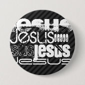 Jezus; zwarte en donkergrijze strepen ronde button 7,6 cm (Voorkant)
