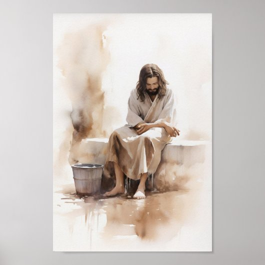 Jezusbeeld bij de Well Waterverf Art Print (Voorkant)