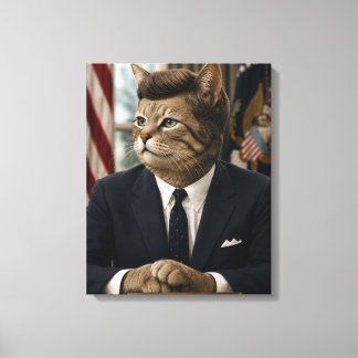 JFK Kat Portret | Grappige Presidentiële Kat Kunst Canvas Afdruk
