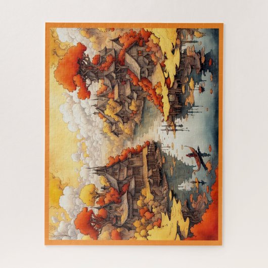 JIGSAW PUZZLE - Small Village on a Creek in Fall Legpuzzel (Verticaal)