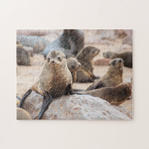 Jigzaag puzzel van een zeebaars die op een rots li