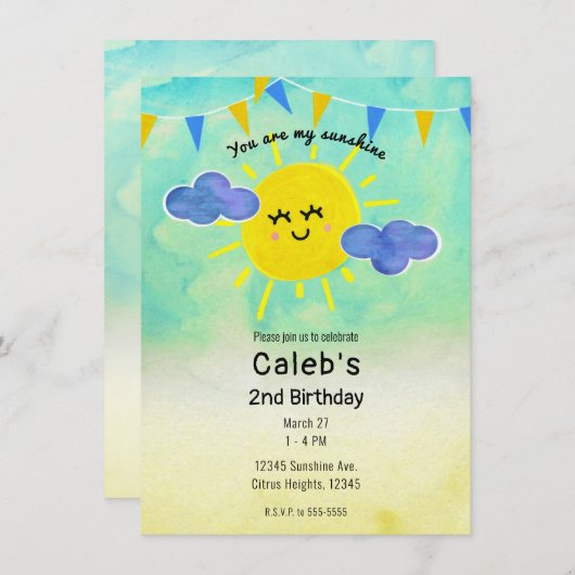 Jij bent mijn Sunshine Yellow & Blue Birthday Part Kaart (Voorkant / Achterkant)