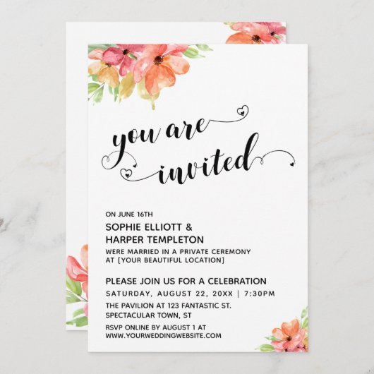 Jij Bent Uitgenodigd Harten Script Boho Bloemen Kaart (Voorkant / Achterkant)