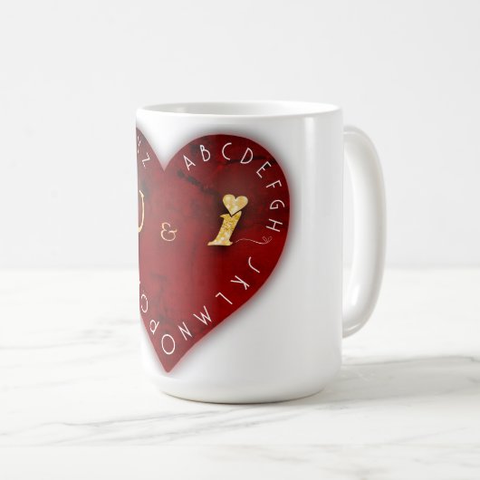 Jij en ik - alfabet spel op een rood hart koffiemok (Voorkant rechts)