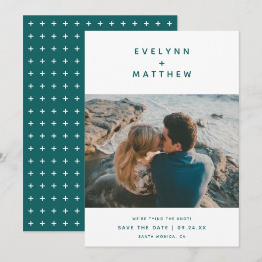 Jij Plus mij | Eenvoudige moderne namen | Blauwgro Save The Date (Voorkant / Achterkant)