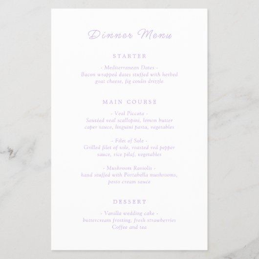 Jillian Lila Classic Wedding Menu (Voorkant)