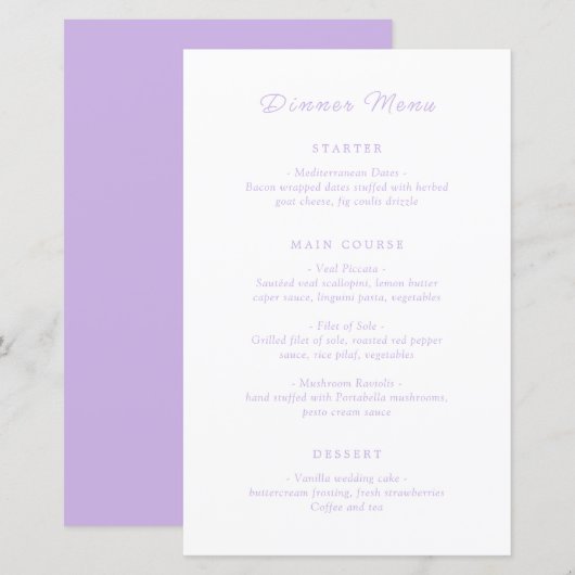 Jillian Lila Classic Wedding Menu (Voorkant / Achterkant)