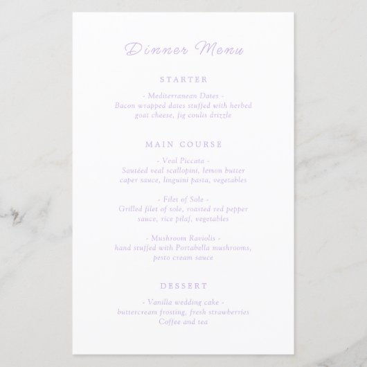 Jillian Lila Classic Wedding Menu (Voorkant)