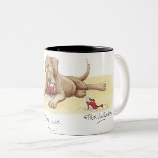 'Jimmy kauwt' Mok. Tweekleurige Koffiemok (Voorkant rechts)