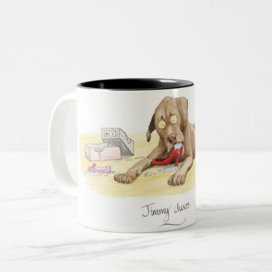 'Jimmy kauwt' Mok. Tweekleurige Koffiemok (Voorkant links)