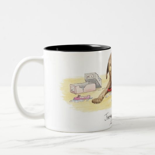 'Jimmy kauwt' Mok. Tweekleurige Koffiemok (Links)