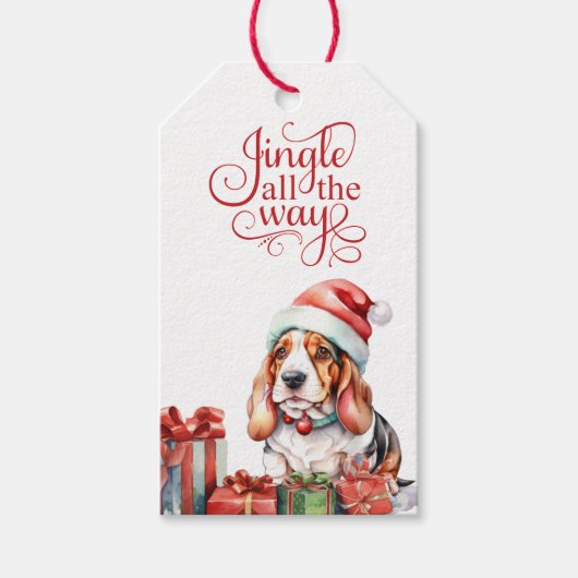 Jingle All The Way Basset Hound Dog Kerstmis Cadeaulabel (Voorkant)