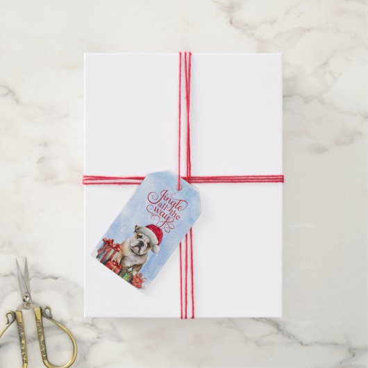 Jingle All the Way Bulldog Kerstmis Cadeaulabel (Met Touw)