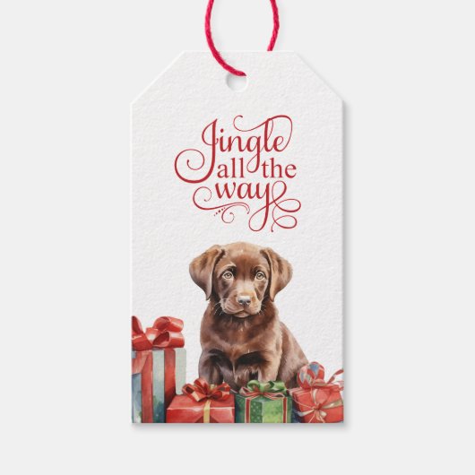 Jingle All The Way Chocolate Lab Puppy Kerstmis Cadeaulabel (Voorkant)