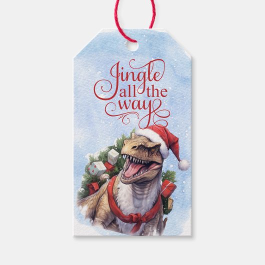 Jingle All the Way Dinosaurus Kerstman Cadeaulabel (Voorkant)