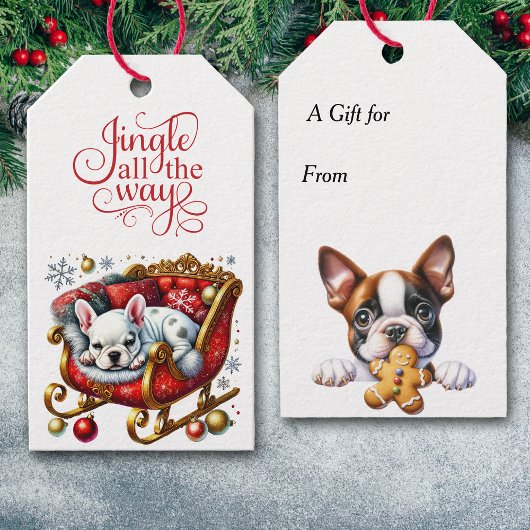 Jingle All the Way Franse Bulldog Santa Sleigh Cadeaulabel