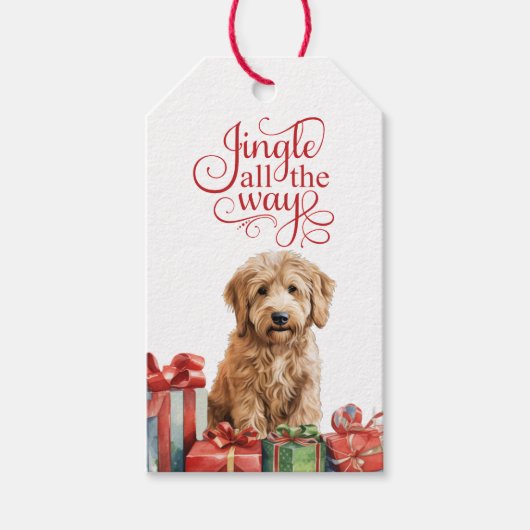 Jingle All The Way Goldendoodle Hond Kerstmis Cadeaulabel (Voorkant)