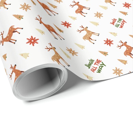 "JINGLE ALL THE WAY" rendieren, kerstbomen, zon Cadeaupapier (Rol Hoek)