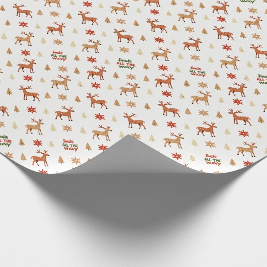 "JINGLE ALL THE WAY" rendieren, kerstbomen, zon Cadeaupapier (Hoek)