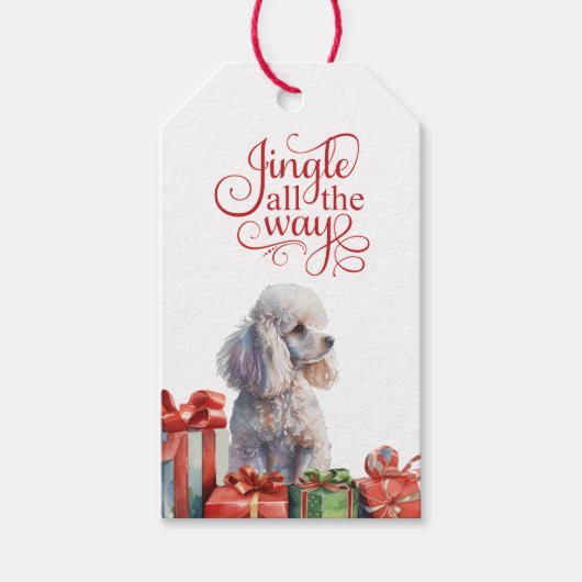 Jingle All The Way White Poodle Kerstmis Cadeaulabel (Voorkant)