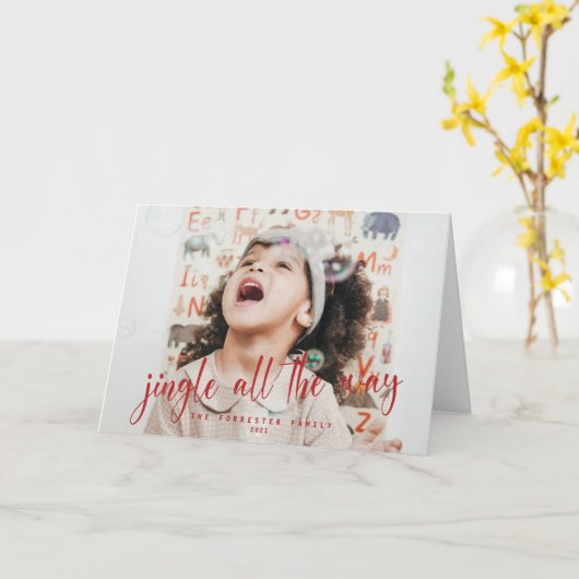 Jingle All Way Red Script 2 Photo Holiday Kaart (Gele Bloem)