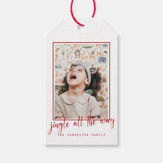 Jingle All Way Red Script Photo Holiday Cadeaulabel (Voorkant)