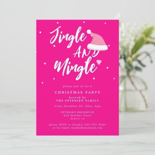 Jingle and mingle roze script kerstparty kaart (Staand voorkant)