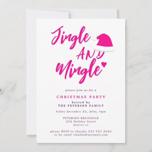 Jingle and mingle roze script kerstparty kaart (Voorkant)