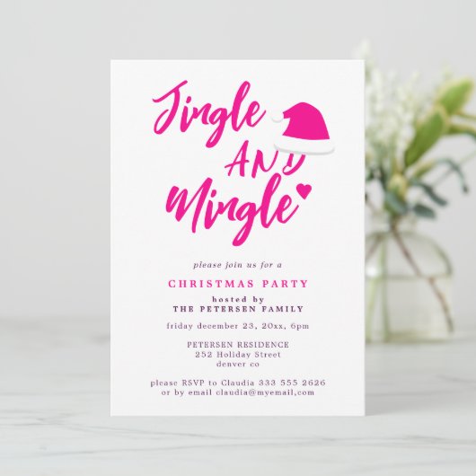 Jingle and mingle roze script kerstparty kaart (Staand voorkant)