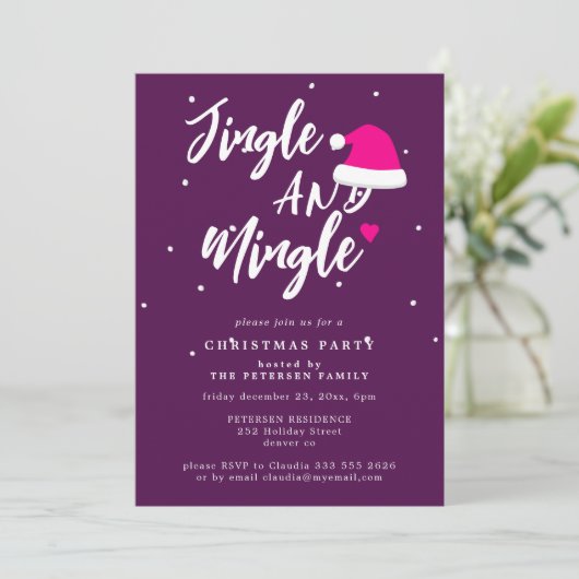 Jingle and mingle script Kerstparty paars Kaart (Staand voorkant)
