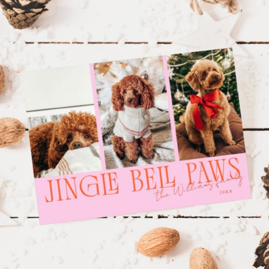 Jingle Bell Paws Christmas Orange Pink Dog Photo  Feestdagenkaart