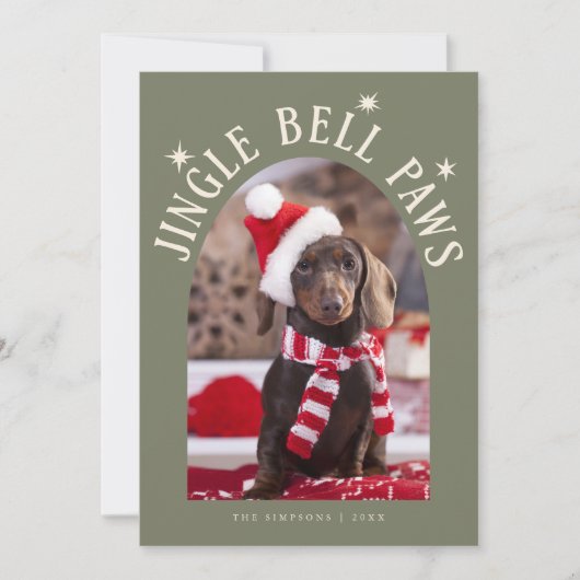 Jingle Bell Paws Dog Photo Sage Green Christmas Feestdagenkaart (Voorkant)