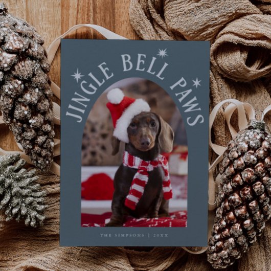 Jingle Bell Paws Dog Photo Slate Blue Christmas Feestdagenkaart
