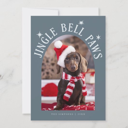 Jingle Bell Paws Dog Photo Slate Blue Christmas Feestdagenkaart (Voorkant)