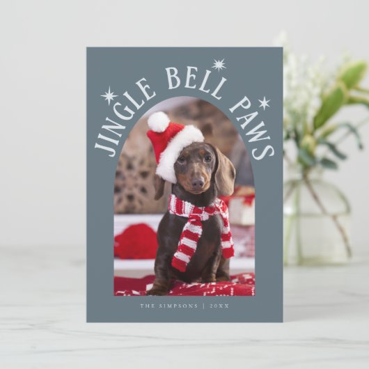 Jingle Bell Paws Dog Photo Slate Blue Christmas Feestdagenkaart (Staand voorkant)
