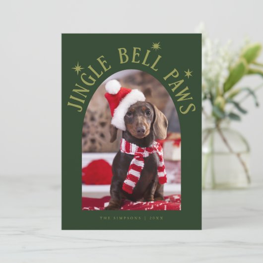 Jingle Bell Paws Hond Foto Groene Kerstmis Feestdagenkaart (Staand voorkant)