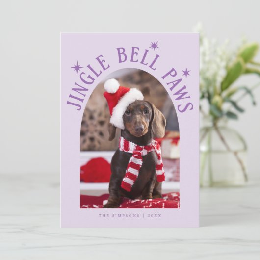 Jingle Bell Paws Hond Foto Paars Kerstfeest Feestdagenkaart (Staand voorkant)