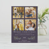 Jingle Bells Fotocollage Kerstmis | Paars Feestdagenkaart (Staand voorkant)