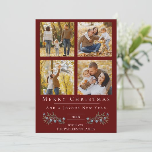 Jingle Bells Fotocollage Kerstmis | Rood Feestdagenkaart (Staand voorkant)