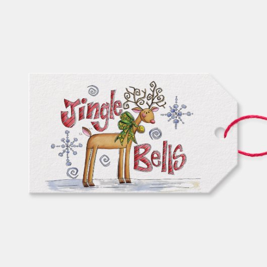 Jingle Bells Kerstherten en sneeuwvlokken Cadeaulabel (Voorkant (Horizontaal))