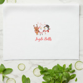 Jingle Bells met Santa, Sneeuwman en Rendier op ee Theedoek