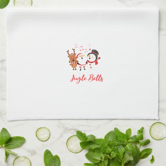Jingle Bells met Santa, Sneeuwman en Rendier op ee Theedoek (Gevouwen)