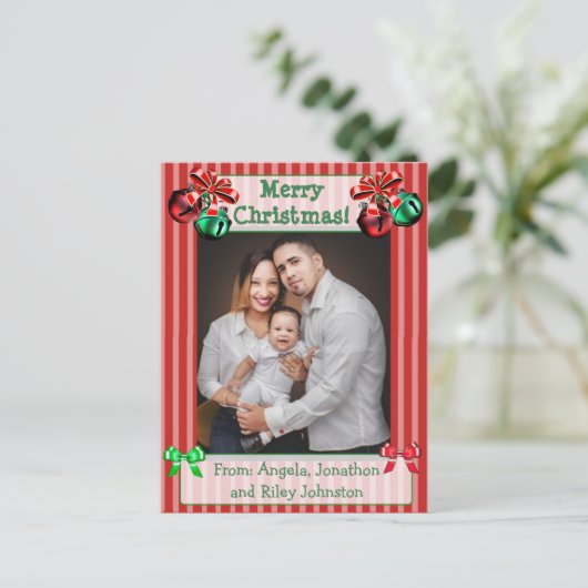 Jingle Bells Red-kerstfamilie Foto-Briefkaart Feestdagenkaart (Staand voorkant)