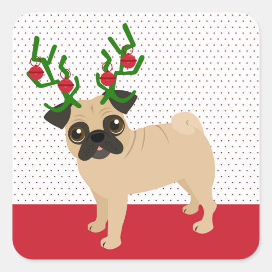 Jingle Bells Schattige Pug met gewei kerst Vierkante Sticker (Voorkant)
