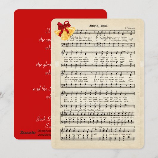 Jingle Bells  Sheet Music, Gold Bells Red Feestdagenkaart (Voorkant / Achterkant)
