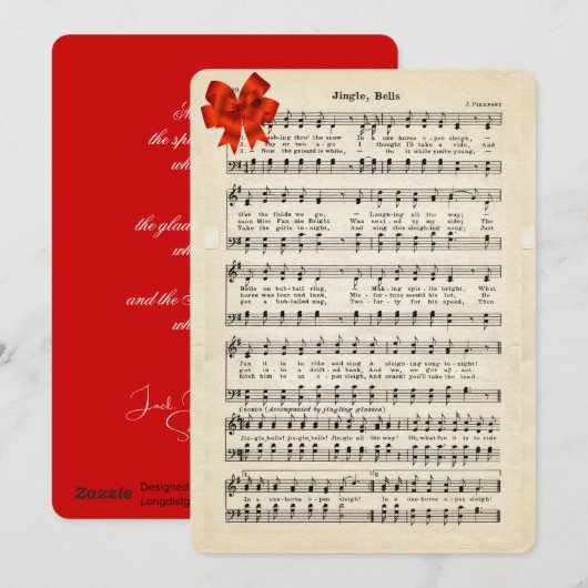 Jingle Bells  Sheet Music, Red Satin Bow Feestdagenkaart (Voorkant / Achterkant)
