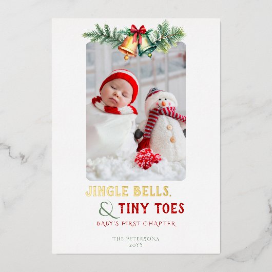 Jingle Bells Tiny Toes Foto Baby Aankondiging (Voorkant)