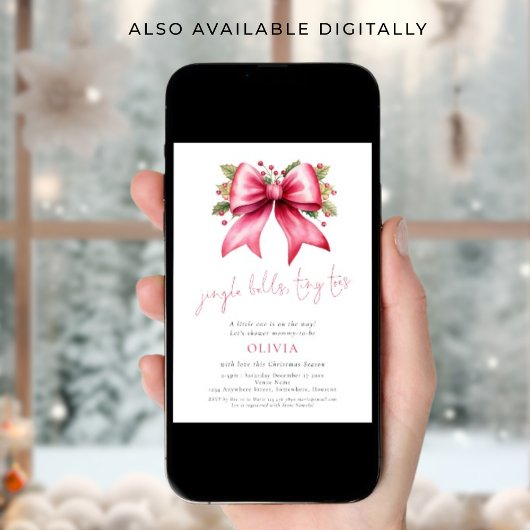 Jingle Bells Tiny Toes Pink Bow Xmas Baby shower Kaart