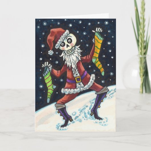 JINGLE BOTTEN SANTA, CHRISTMAS SKELETON EN STOCKIN FEESTDAGEN KAART (Voorkant)