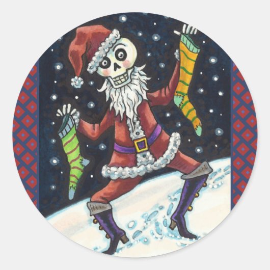 JINGLE BOTTEN SANTA, HOLIDAY SKELETON & STOCKINGS RONDE STICKER (Voorkant)